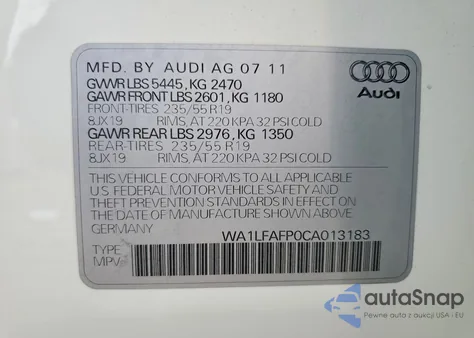 2012 Audi Q5 Premium Plus z USA, uszkodzony, nr VIN WA1LFAFP0CA013183
